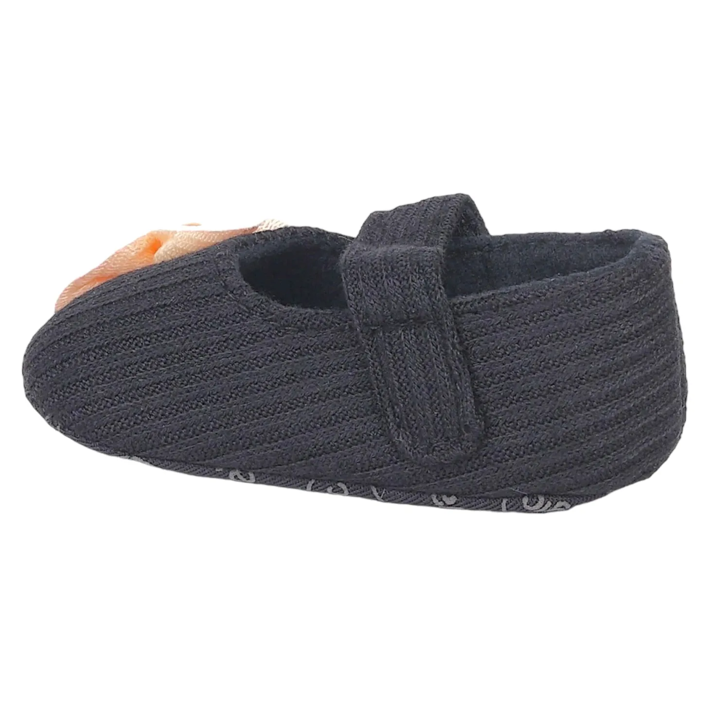 Baby Moo Flower Button Velcro Strap Ribbed Anti-Skid Ballerina Booties - Black, Peach
