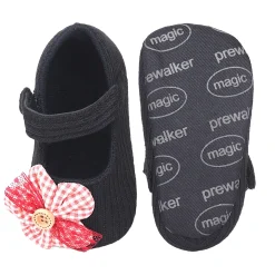 Baby Moo Flower Button Velcro Strap Ribbed Anti-Skid Ballerina Booties - Black, Red