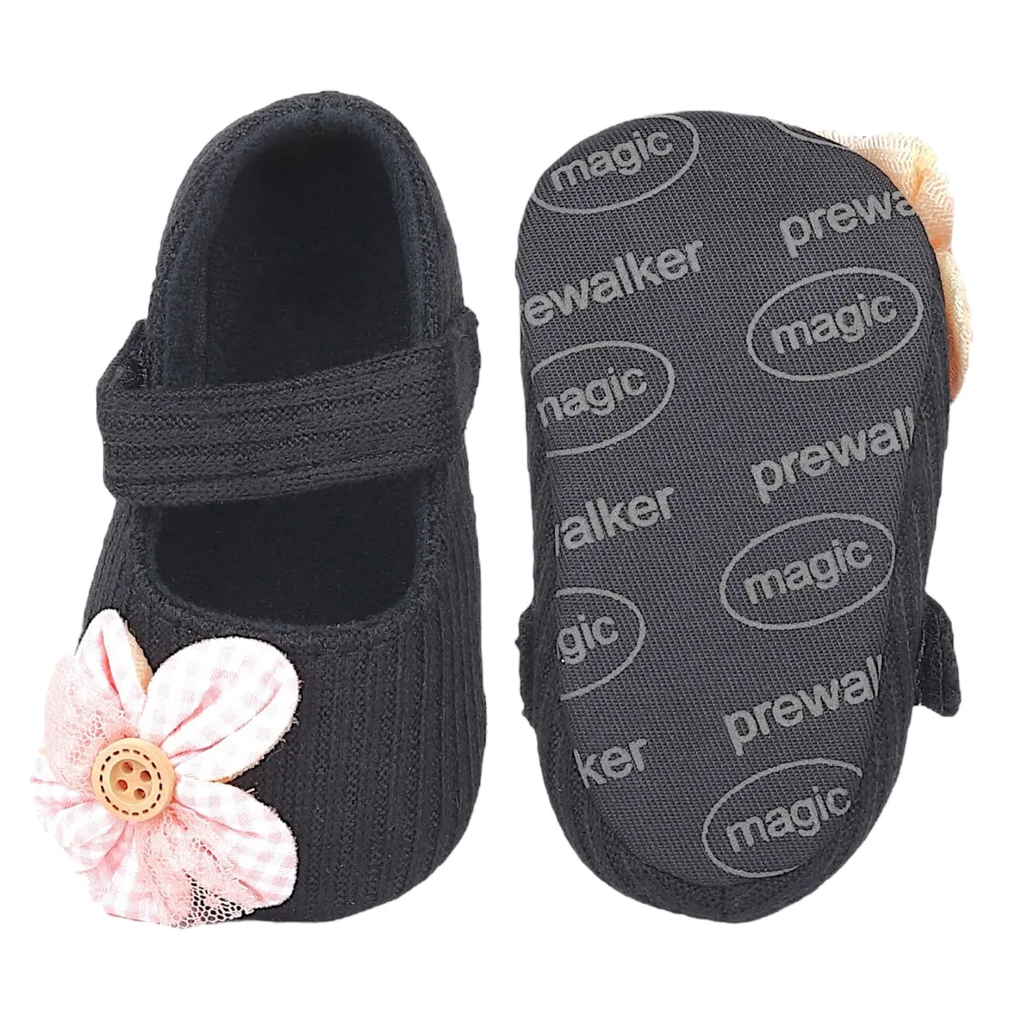 Baby Moo Flower Button Velcro Strap Ribbed Anti-Skid Ballerina Booties - Black, Peach