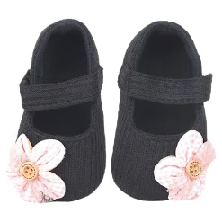 Baby Moo Flower Button Velcro Strap Ribbed Anti-Skid Ballerina Booties - Black, Peach