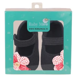 Baby Moo Flower Button Velcro Strap Ribbed Anti-Skid Ballerina Booties - Black, Red