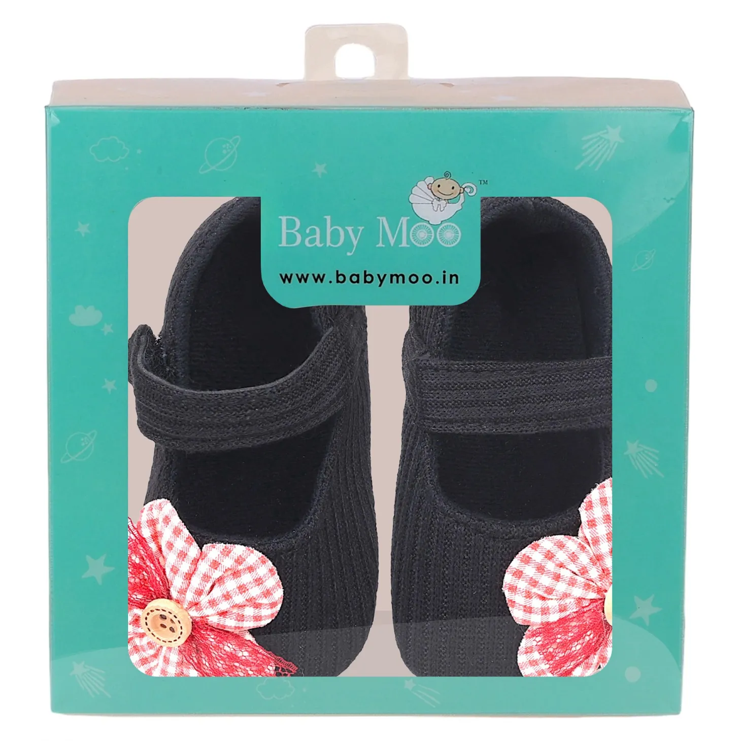 Baby Moo Flower Button Velcro Strap Ribbed Anti-Skid Ballerina Booties - Black, Red