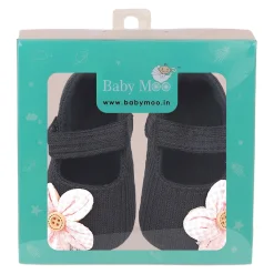 Baby Moo Flower Button Velcro Strap Ribbed Anti-Skid Ballerina Booties - Black, Peach