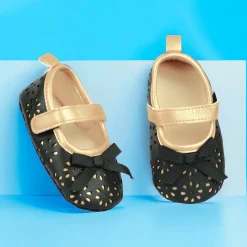 Baby Moo Flower Cut-Out Bow Velcro Strap Anti-Skid Ballerina Booties - Black