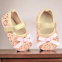 Baby Moo Flower Cut-Out Bow Velcro Strap Anti-Skid Ballerina Booties - Pink