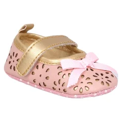 Baby Moo Flower Cut-Out Bow Velcro Strap Anti-Skid Ballerina Booties - Pink