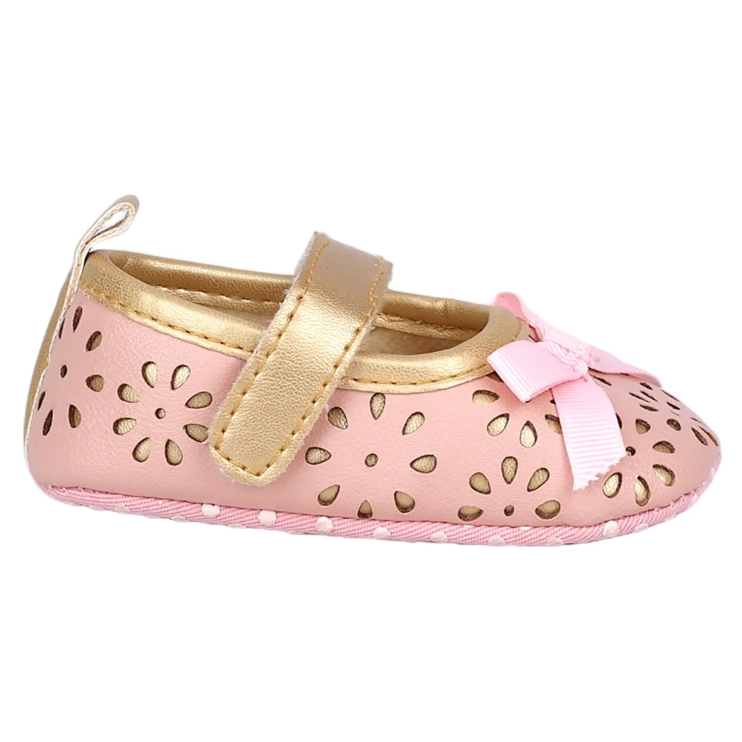 Baby Moo Flower Cut-Out Bow Velcro Strap Anti-Skid Ballerina Booties - Pink