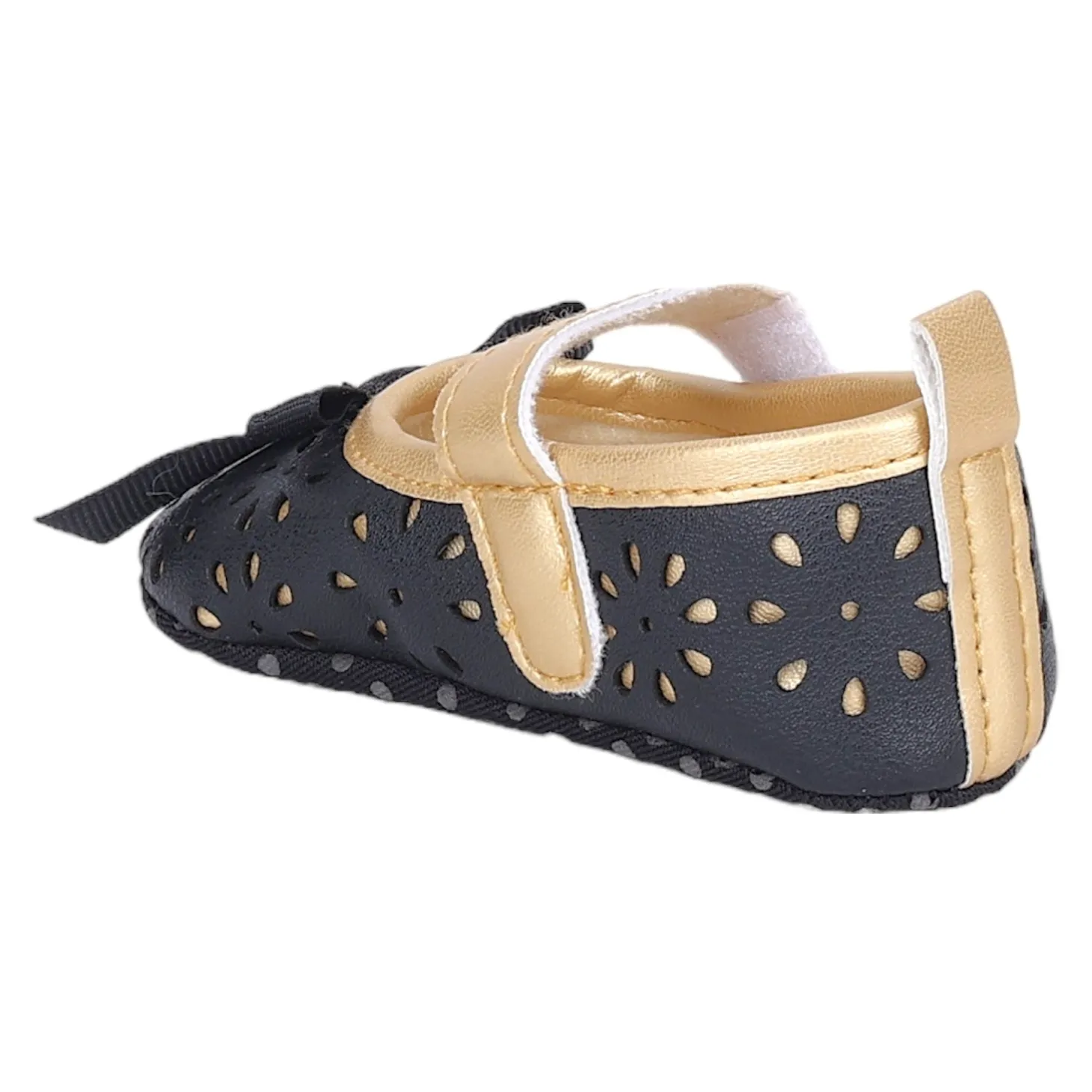 Baby Moo Flower Cut-Out Bow Velcro Strap Anti-Skid Ballerina Booties - Black