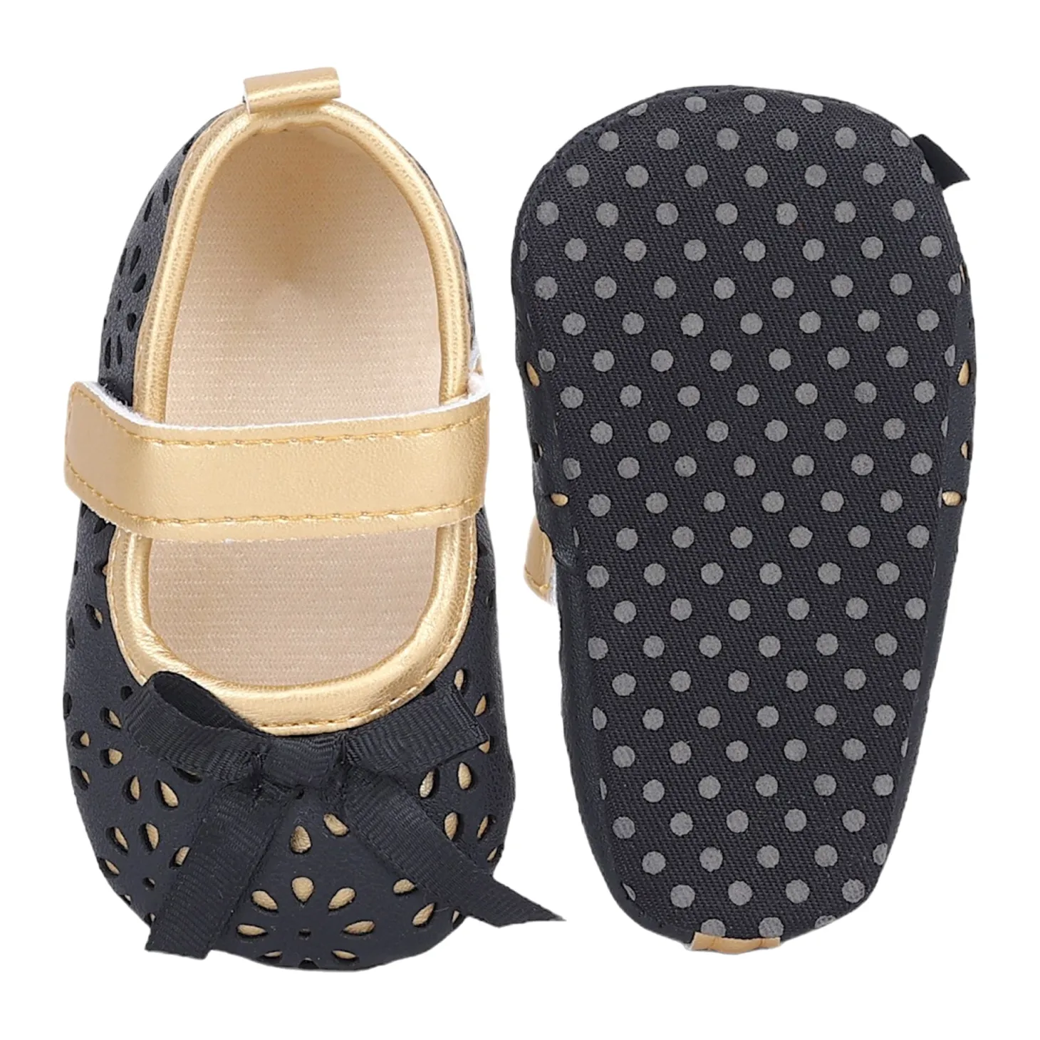 Baby Moo Flower Cut-Out Bow Velcro Strap Anti-Skid Ballerina Booties - Black