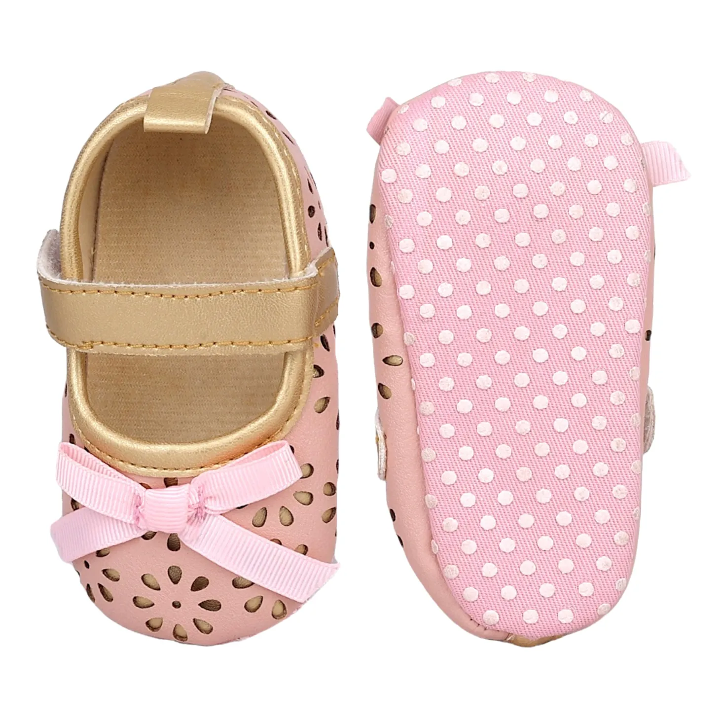 Baby Moo Flower Cut-Out Bow Velcro Strap Anti-Skid Ballerina Booties - Pink