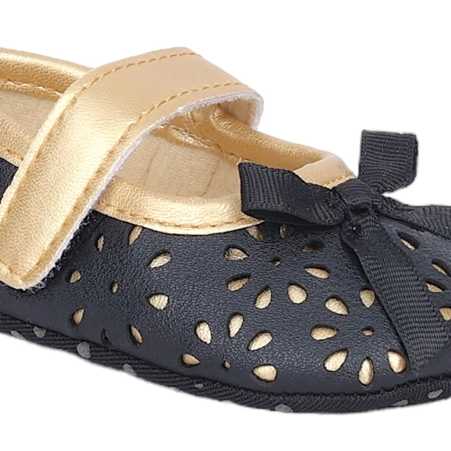 Baby Moo Flower Cut-Out Bow Velcro Strap Anti-Skid Ballerina Booties - Black