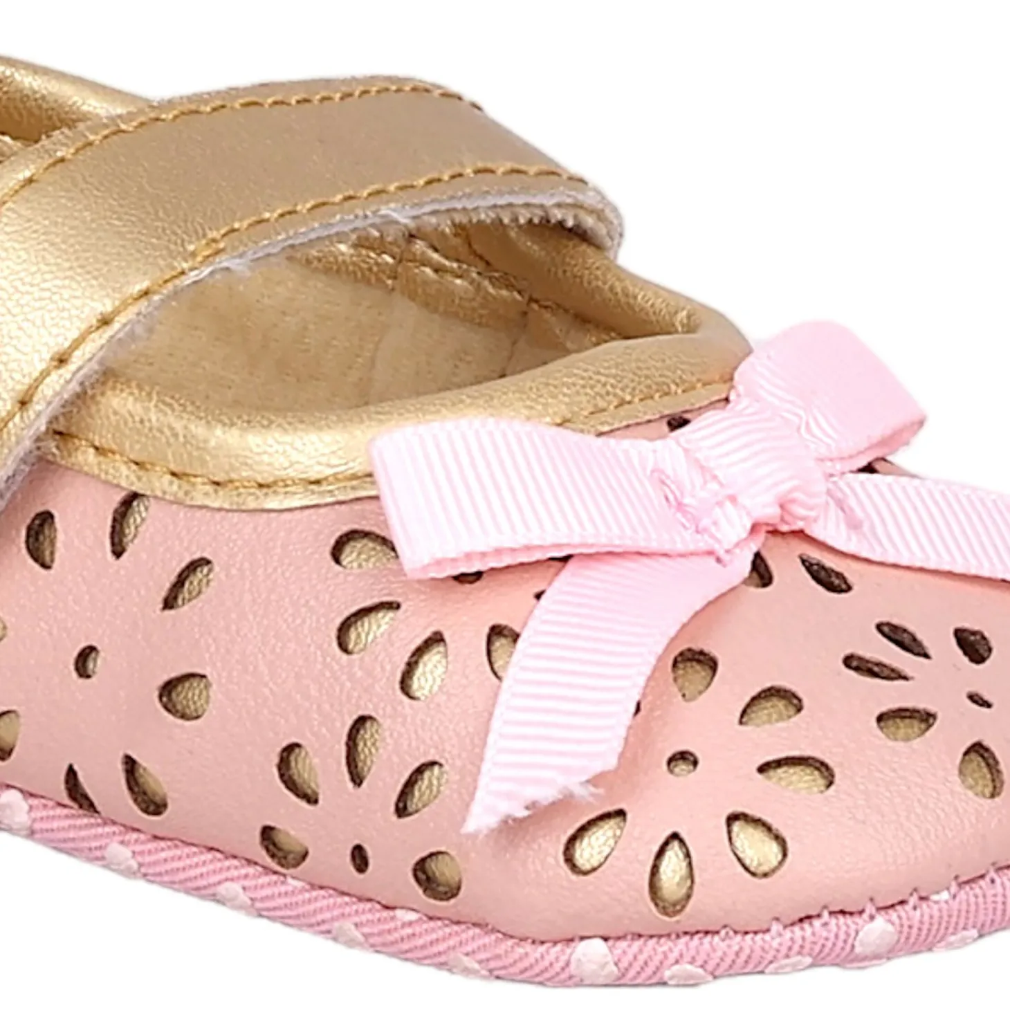 Baby Moo Flower Cut-Out Bow Velcro Strap Anti-Skid Ballerina Booties - Pink