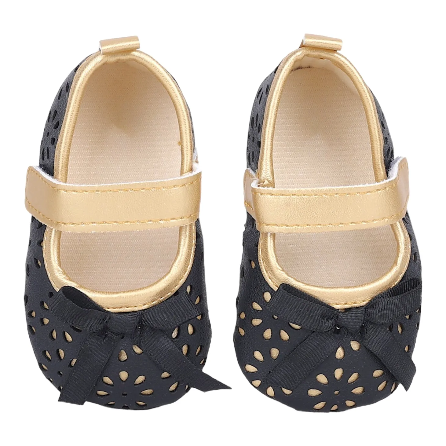 Baby Moo Flower Cut-Out Bow Velcro Strap Anti-Skid Ballerina Booties - Black