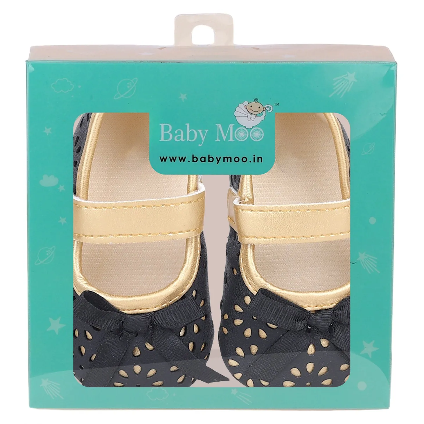 Baby Moo Flower Cut-Out Bow Velcro Strap Anti-Skid Ballerina Booties - Black
