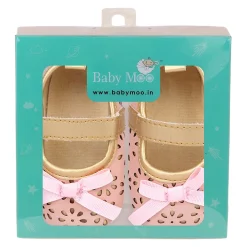 Baby Moo Flower Cut-Out Bow Velcro Strap Anti-Skid Ballerina Booties - Pink