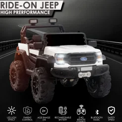 Baby Moo Ford 4X4 Battery Operated Electric Ride On Jeep Rechargeable 12V Battery With Remote Control LED Lights, Music & USB Port - White