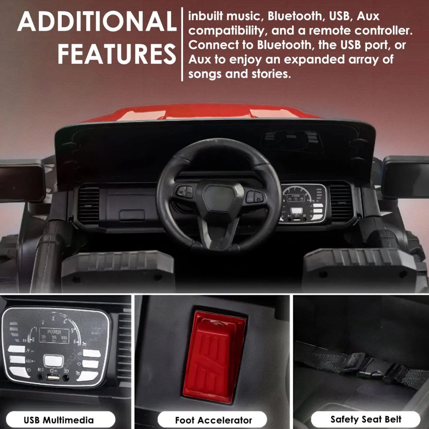 Baby Moo Ford 4X4 Battery Operated Electric Ride On Jeep Rechargeable 12V Battery With Remote Control LED Lights, Music & USB Port - Red