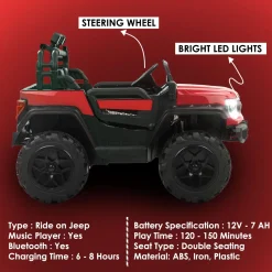 Baby Moo Ford 4X4 Battery Operated Electric Ride On Jeep Rechargeable 12V Battery With Remote Control LED Lights, Music & USB Port - Red