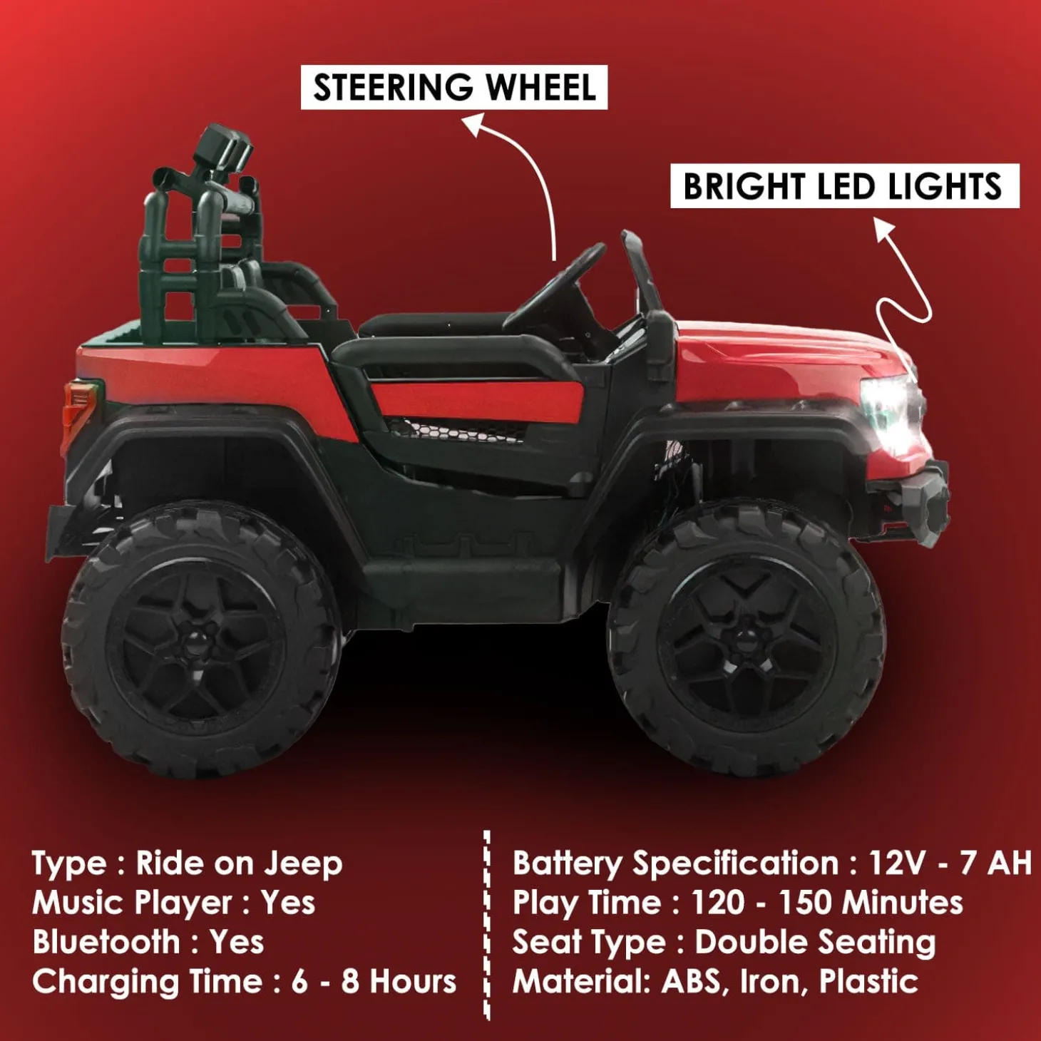 Baby Moo Ford 4X4 Battery Operated Electric Ride On Jeep Rechargeable 12V Battery With Remote Control LED Lights, Music & USB Port - Red