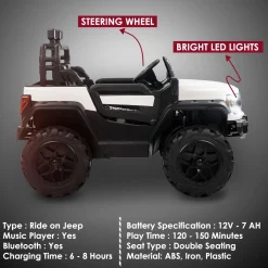Baby Moo Ford 4X4 Battery Operated Electric Ride On Jeep Rechargeable 12V Battery With Remote Control LED Lights, Music & USB Port - White