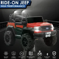 Baby Moo Ford 4X4 Battery Operated Electric Ride On Jeep Rechargeable 12V Battery With Remote Control LED Lights, Music & USB Port - Red