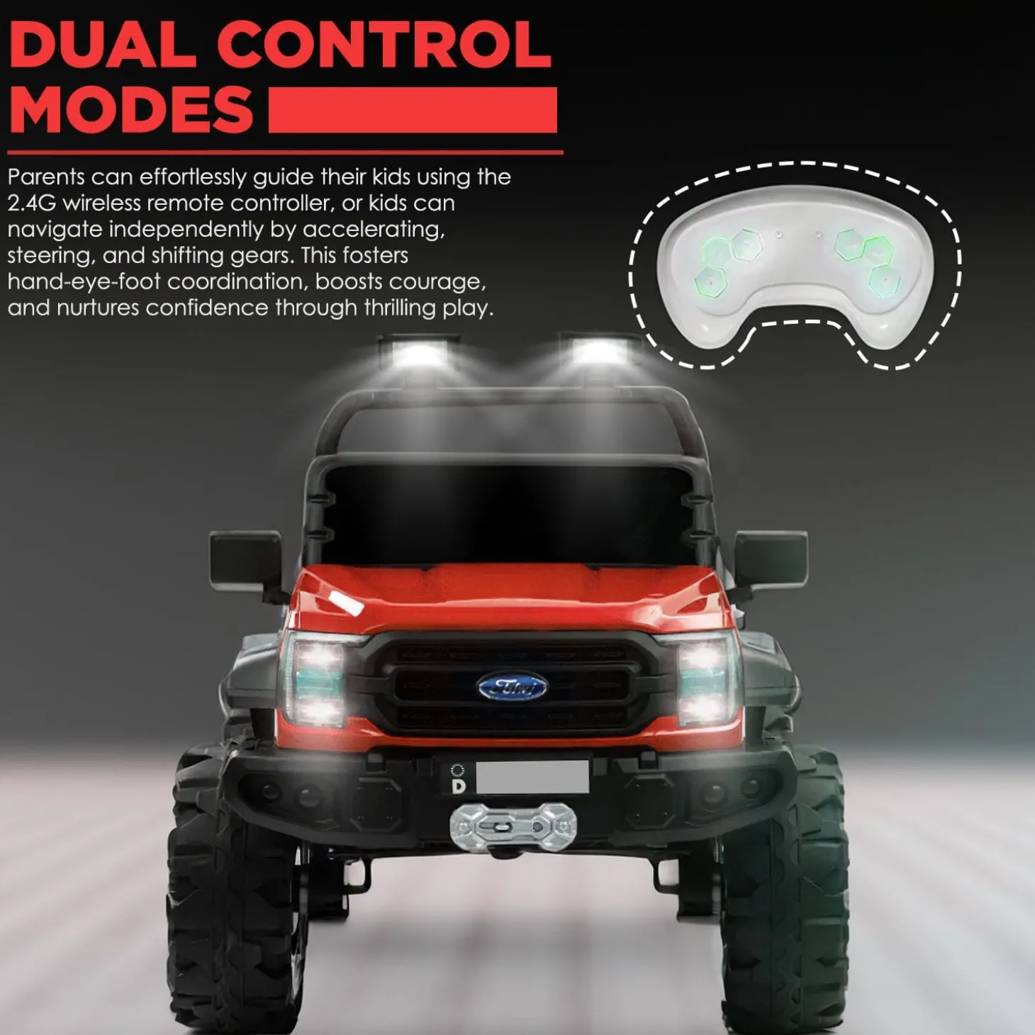 Baby Moo Ford 4X4 Battery Operated Electric Ride On Jeep Rechargeable 12V Battery With Remote Control LED Lights, Music & USB Port - Red