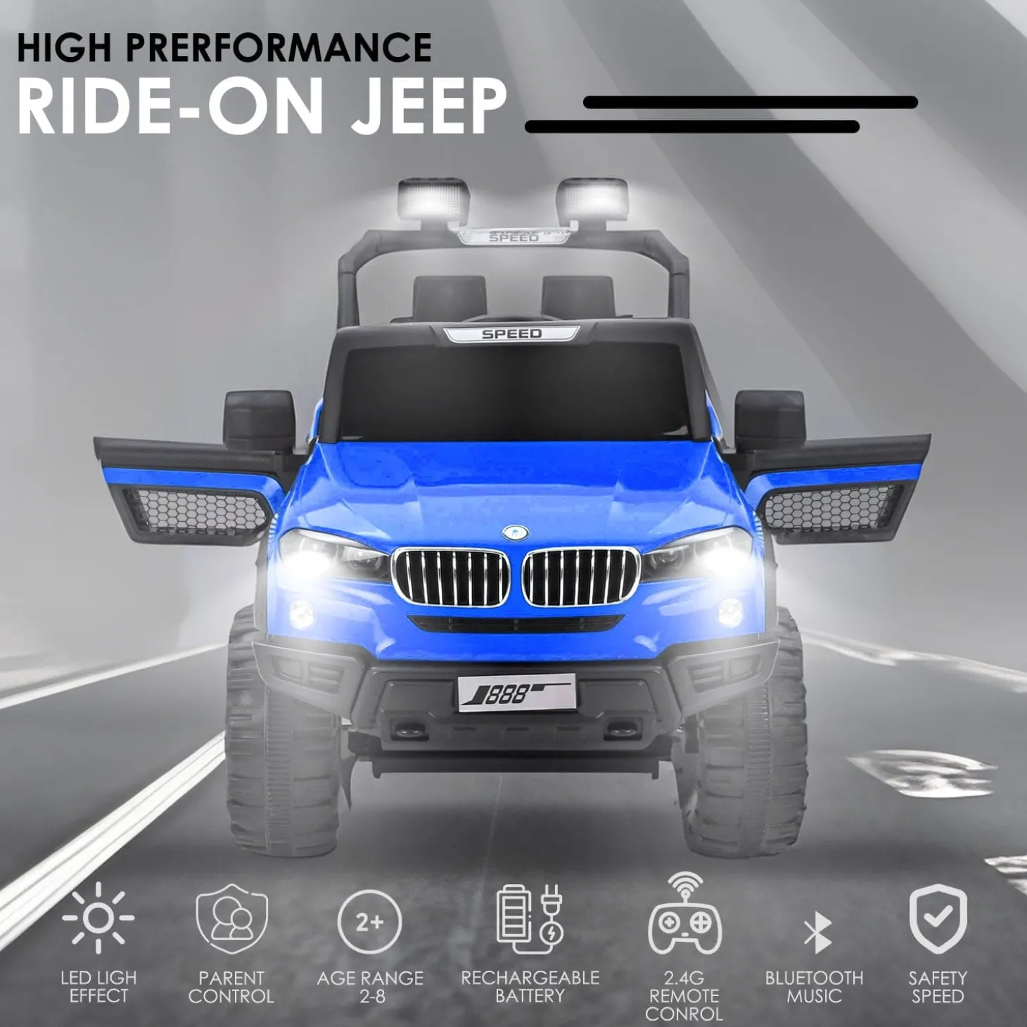 Baby Moo Ford 4X4 Battery Operated Electric Ride On Jeep Rechargeable 12V Battery With Remote Control LED Lights, Music & USB Port - Blue