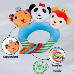 Baby Moo Forest Animals Squeaker Teething Ring Handheld Rattle - Blue
