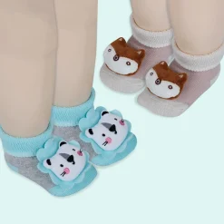 Baby Moo Fox And Bear 3D Rattle Anti-Skid Socks Booties Pack of 2 - Beige, Green