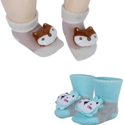 Baby Moo Fox And Bear 3D Rattle Anti-Skid Socks Booties Pack of 2 - Beige, Green