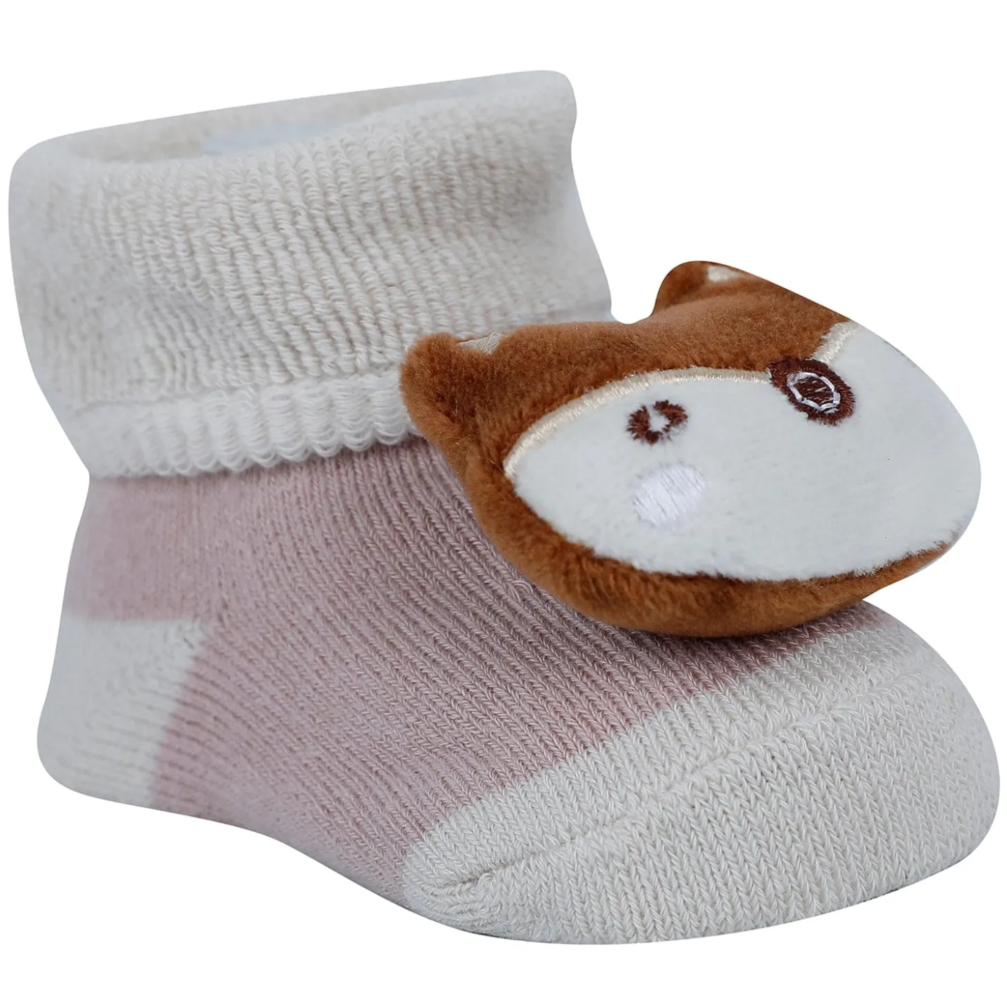 Baby Moo Fox And Bear 3D Rattle Anti-Skid Socks Booties Pack of 2 - Beige, Green