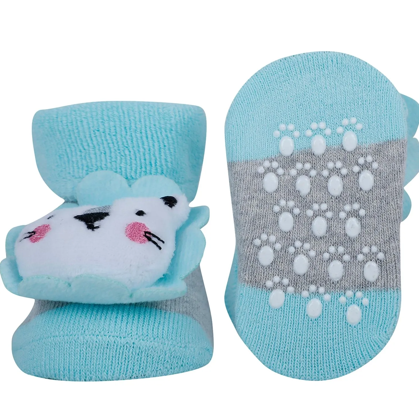 Baby Moo Fox And Bear 3D Rattle Anti-Skid Socks Booties Pack of 2 - Beige, Green