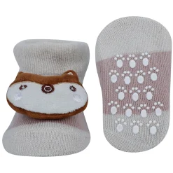 Baby Moo Fox And Bear 3D Rattle Anti-Skid Socks Booties Pack of 2 - Beige, Green