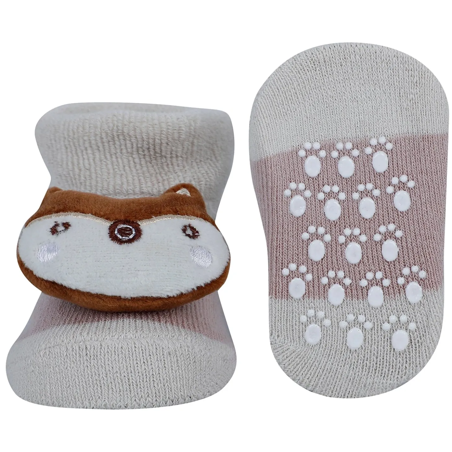 Baby Moo Fox And Bear 3D Rattle Anti-Skid Socks Booties Pack of 2 - Beige, Green