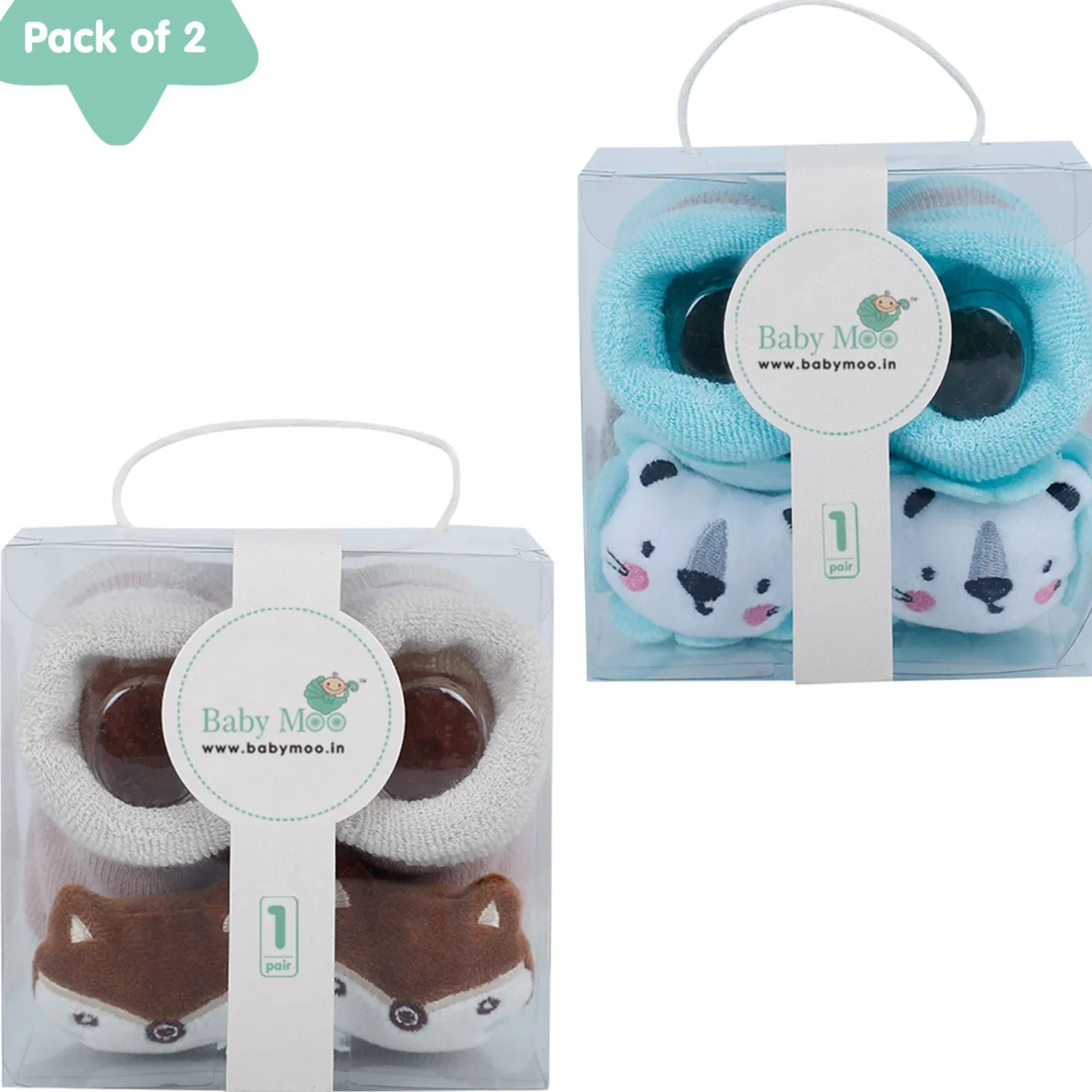 Baby Moo Fox And Bear 3D Rattle Anti-Skid Socks Booties Pack of 2 - Beige, Green