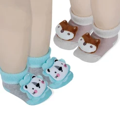Baby Moo Fox And Bear 3D Rattle Anti-Skid Socks Booties Pack of 2 - Beige, Green