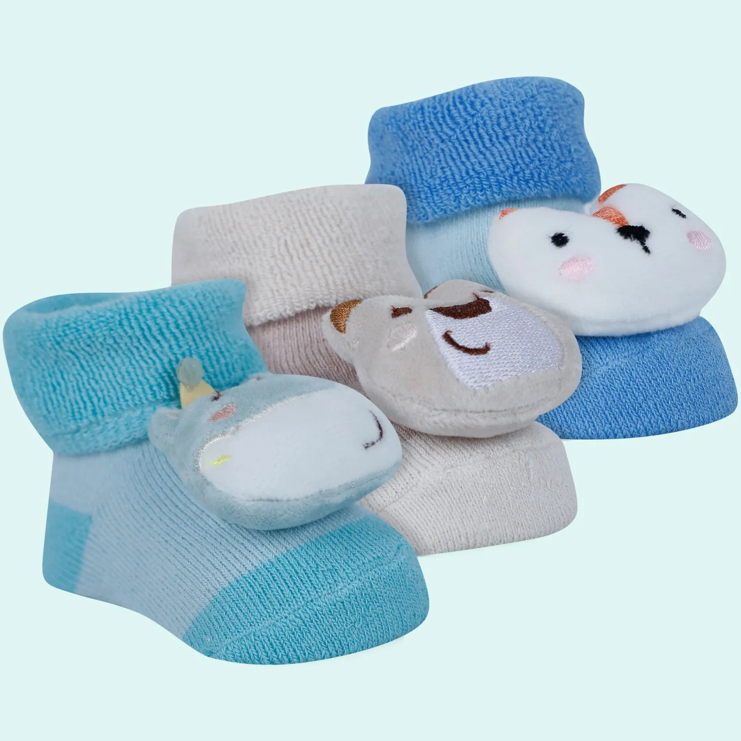 Baby Moo Fox Frog Bear 3D Rattle Anti-Skid Socks Booties Pack of 3 - Blue