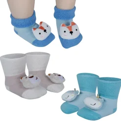 Baby Moo Fox Frog Bear 3D Rattle Anti-Skid Socks Booties Pack of 3 - Blue
