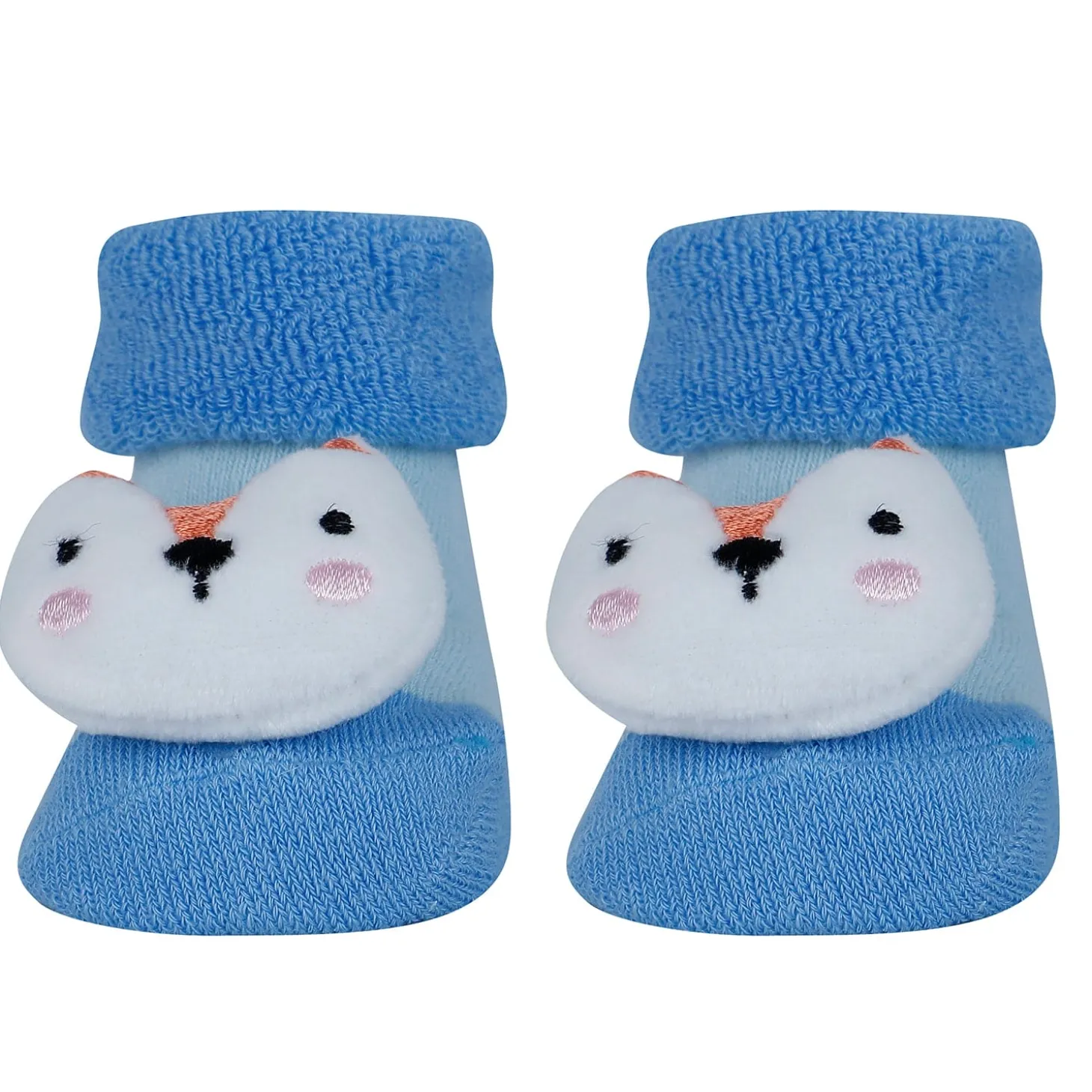 Baby Moo Fox Frog Bear 3D Rattle Anti-Skid Socks Booties Pack of 3 - Blue