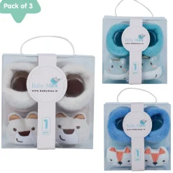 Baby Moo Fox Frog Bear 3D Rattle Anti-Skid Socks Booties Pack of 3 - Blue