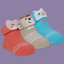Baby Moo Fox Puppy 3D Anti-Skid Socks Booties Pack of 3 - Red, Blue