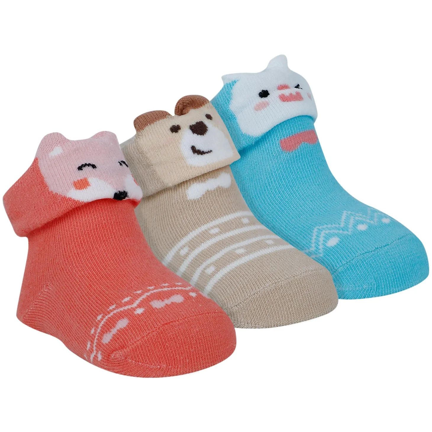 Baby Moo Fox Puppy 3D Anti-Skid Socks Booties Pack of 3 - Red, Blue