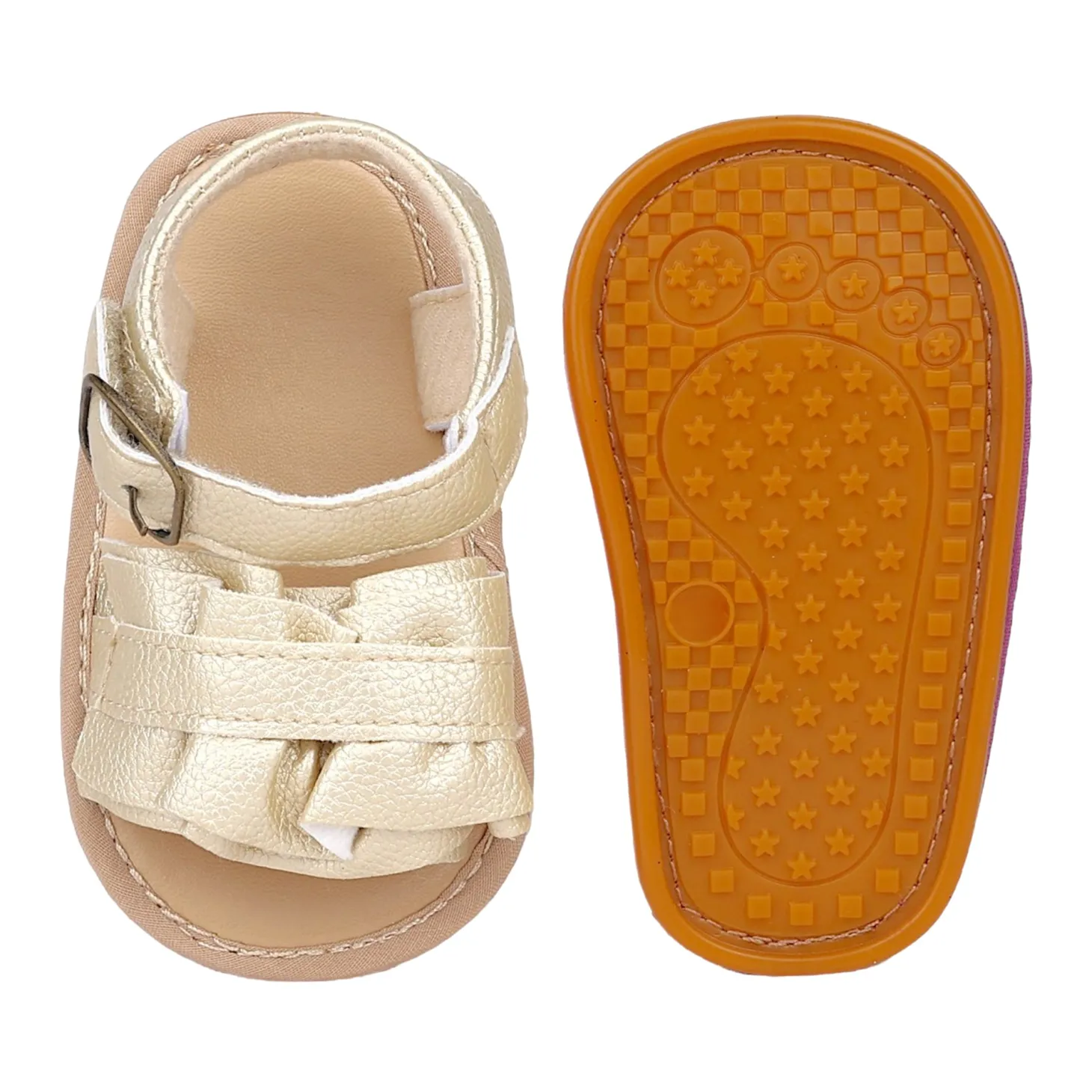 Baby Moo Frill Patterned Vegan Leather Buckle Strap Anti-Skid Sandals - Gold