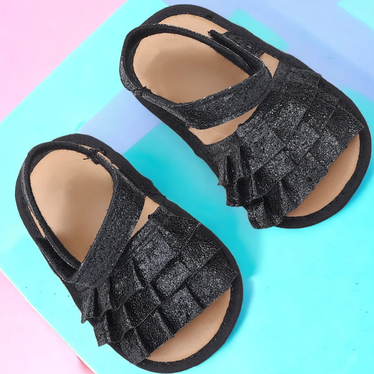 Baby Moo Frilly Glitter Partywear Velcro Straps Anti-Skid Sandals - Black