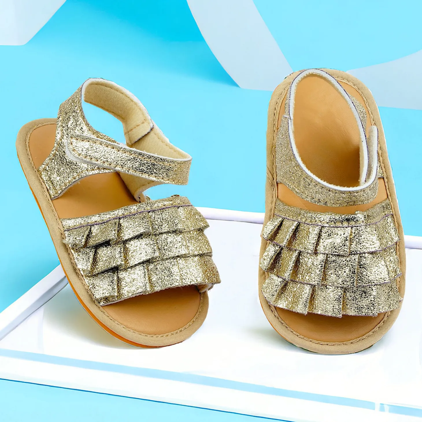 Baby Moo Frilly Glitter Partywear Velcro Straps Anti-Skid Sandals - Gold