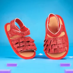 Baby Moo Frilly Glitter Partywear Velcro Straps Anti-Skid Sandals - Red