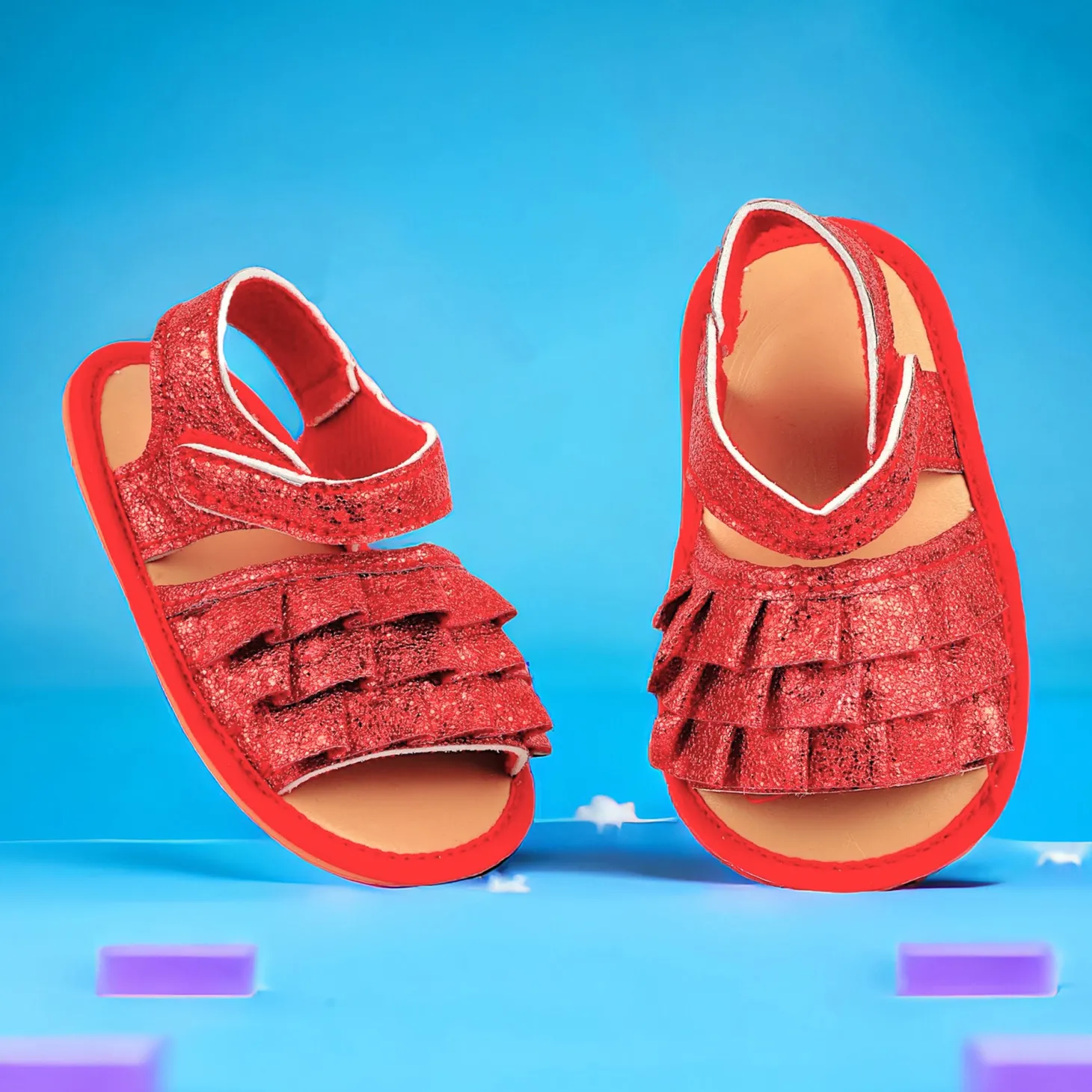Baby Moo Frilly Glitter Partywear Velcro Straps Anti-Skid Sandals - Red