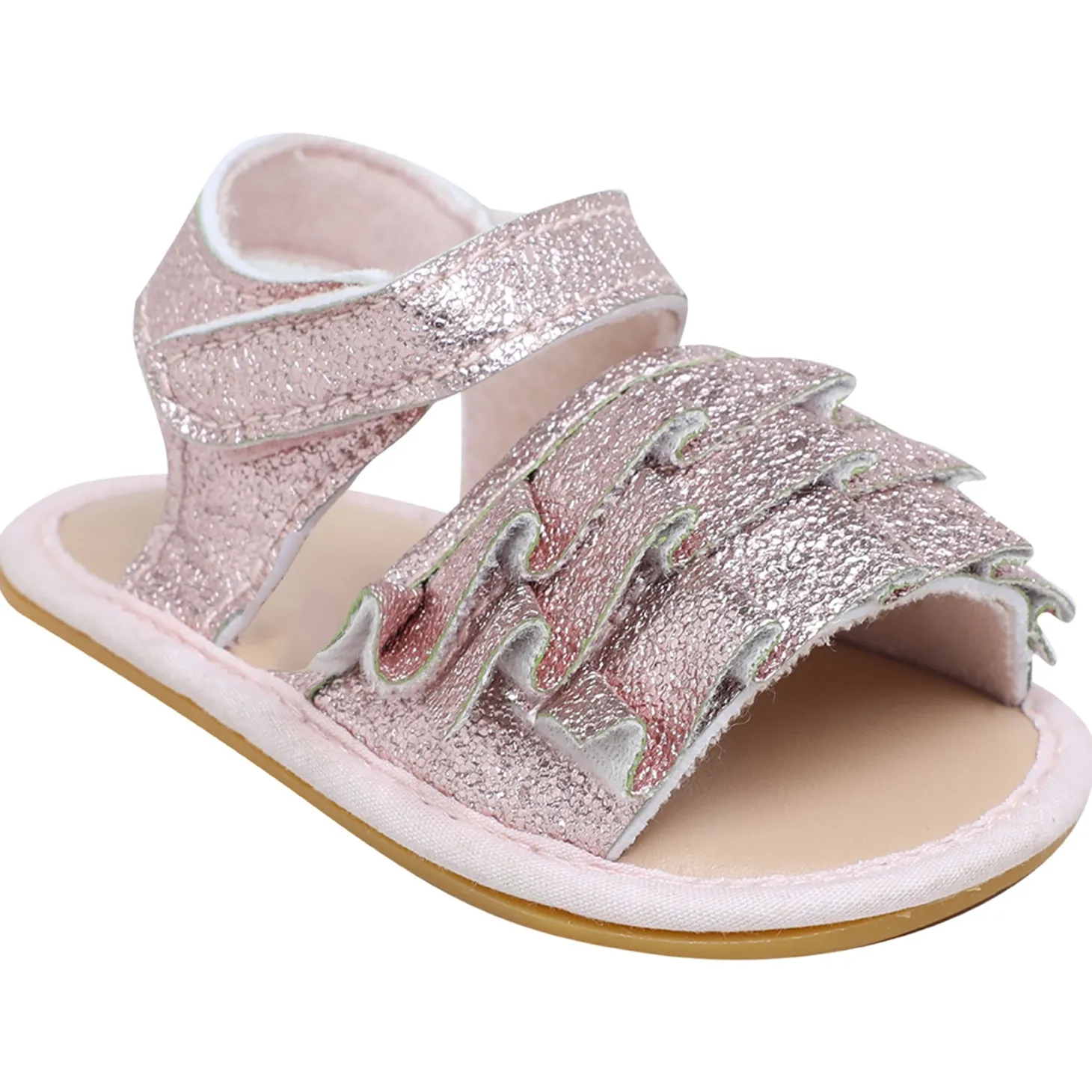Baby Moo Frilly Glitter Partywear Velcro Straps Anti-Skid Sandals - Pink, Rose Gold