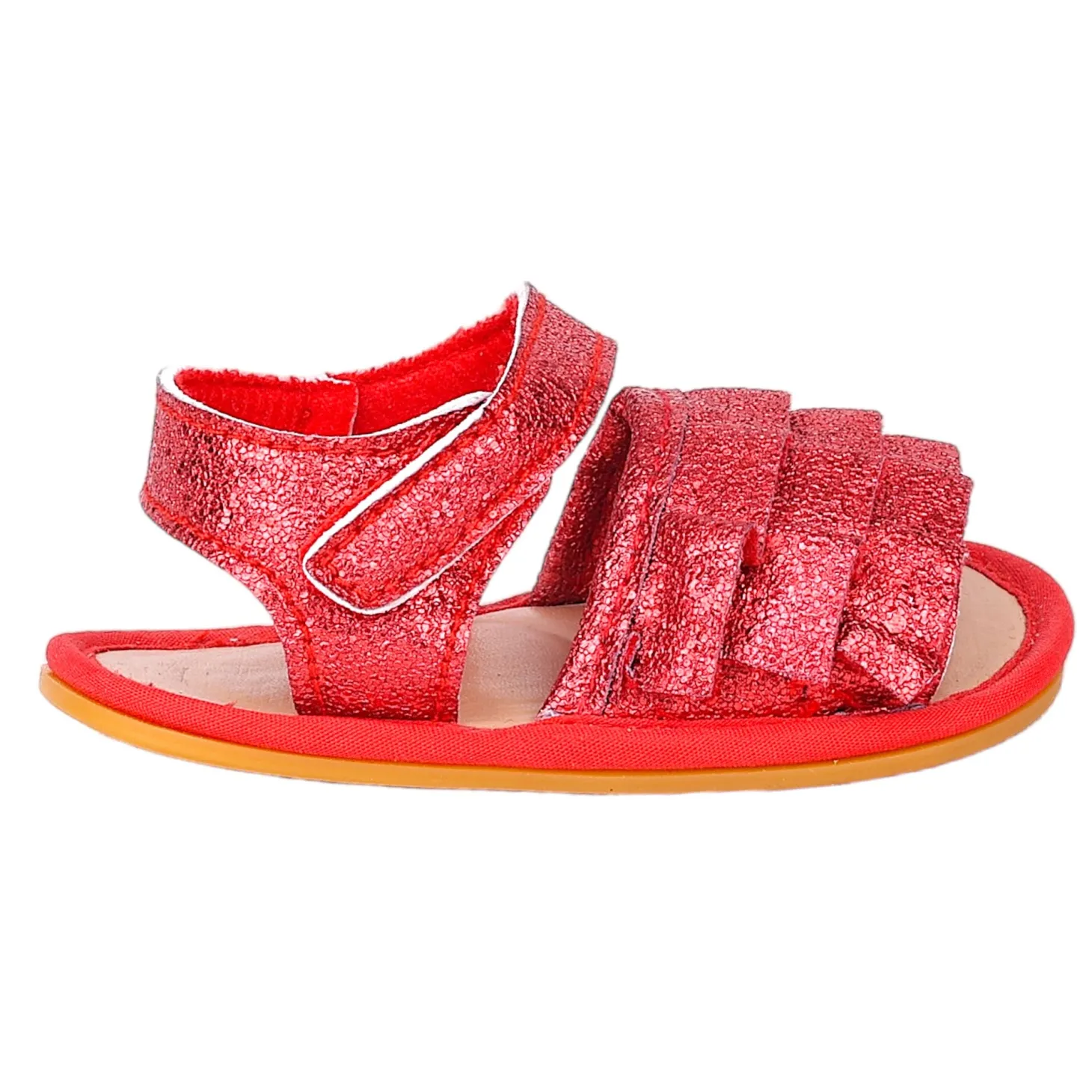 Baby Moo Frilly Glitter Partywear Velcro Straps Anti-Skid Sandals - Red