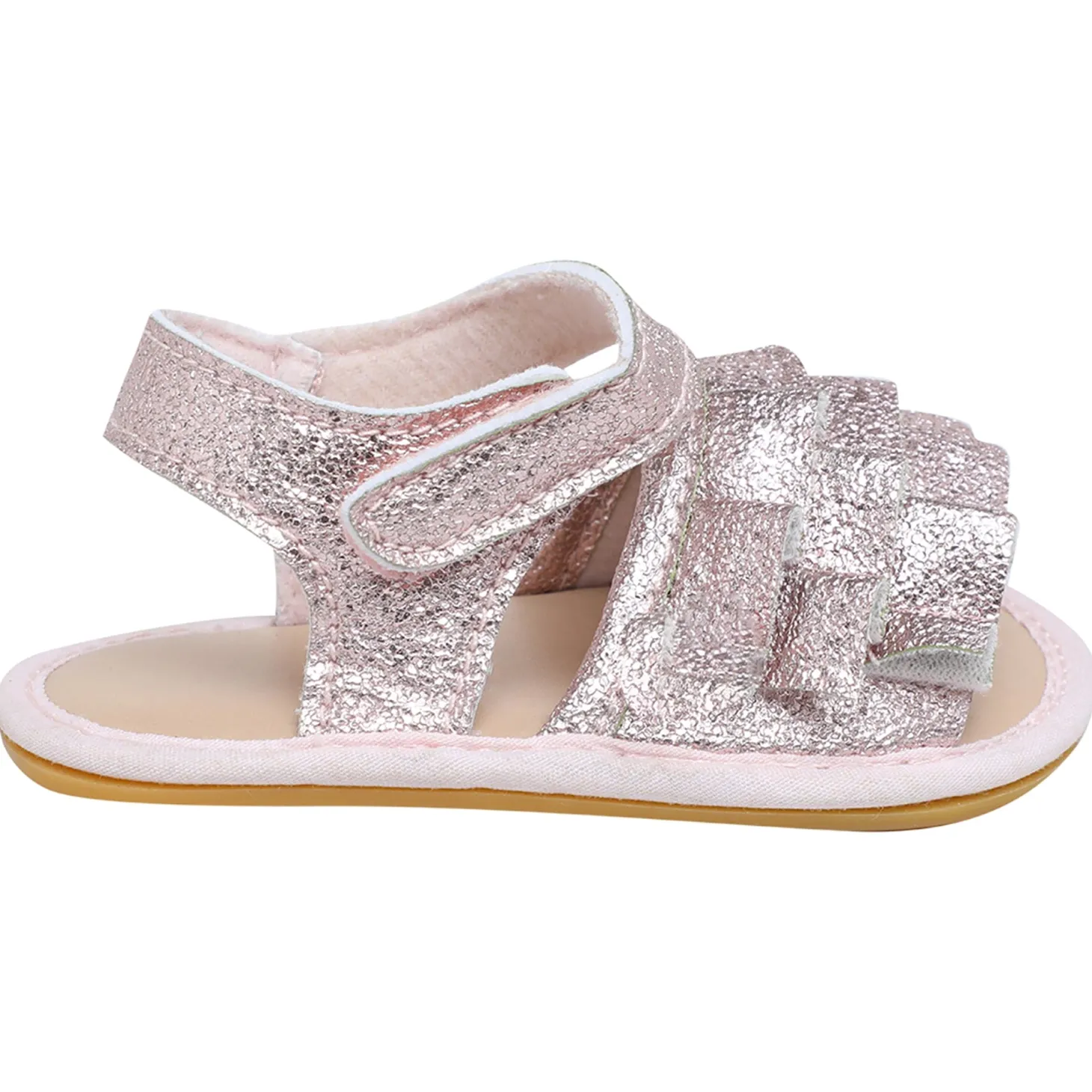 Baby Moo Frilly Glitter Partywear Velcro Straps Anti-Skid Sandals - Pink, Rose Gold